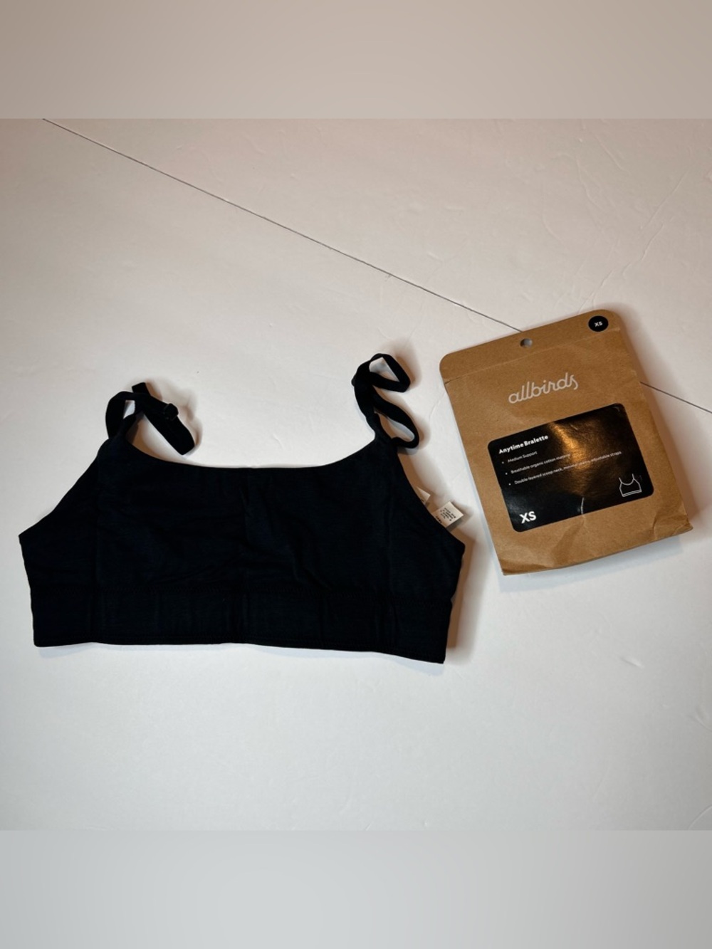 Allbirds Natural Black Anytime Bralette XS Organic Cotton Blend Adjustable Strap